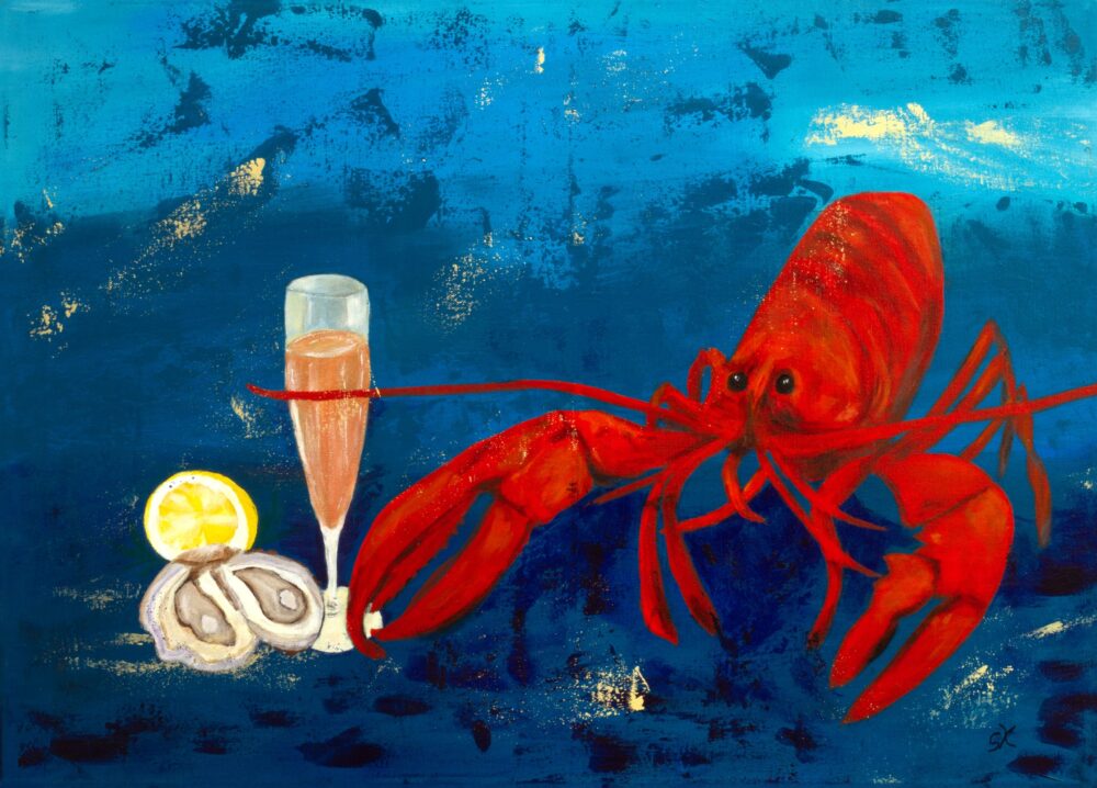 Herr Lobster lädt ein, Acryl, 2026 — Im und am Meer
